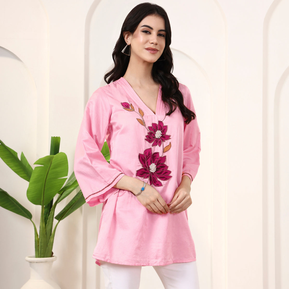 Pink Top for Women – Cotton Satin – Side View | First Resort by Ramola Bachchan