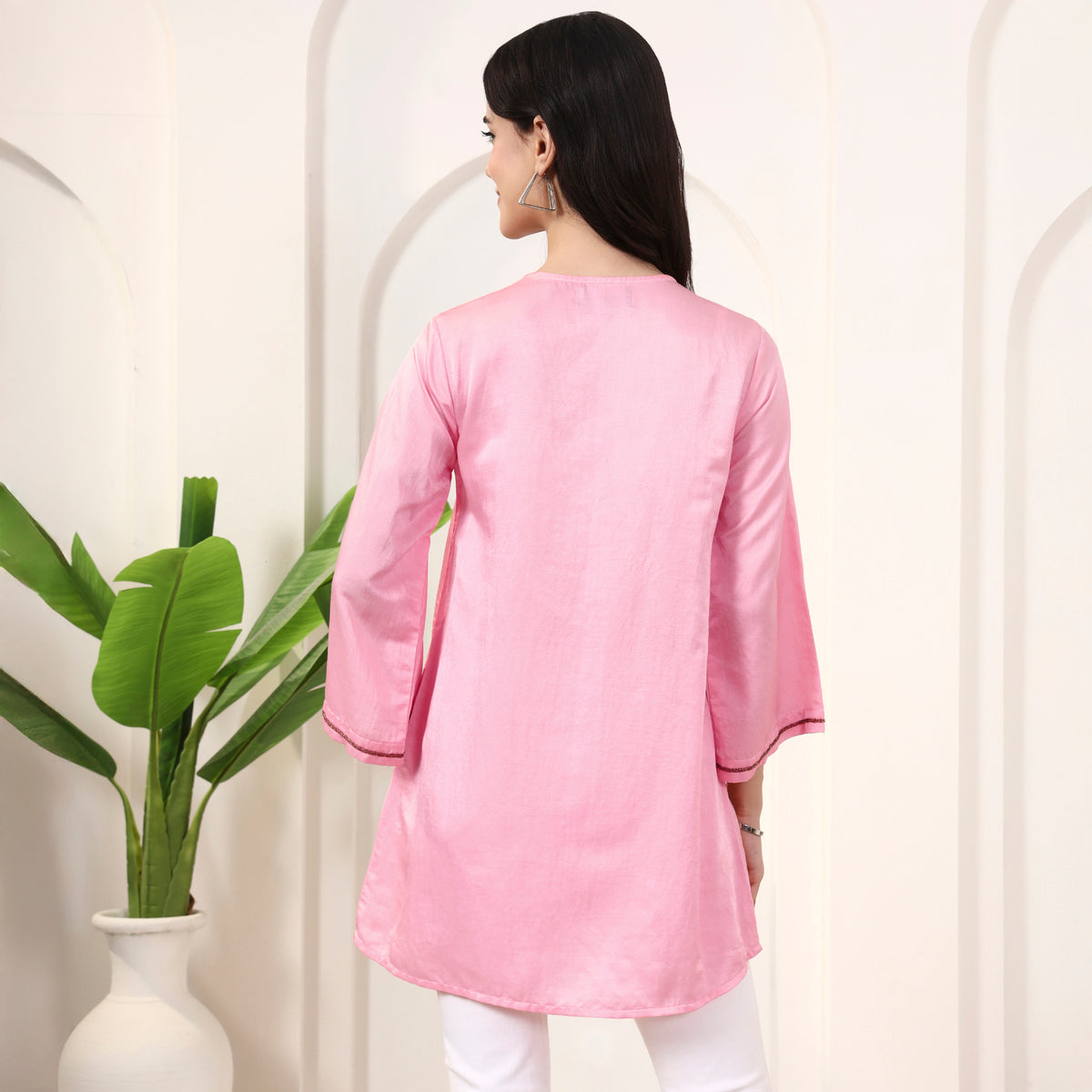 Pink Top for Women – Cotton Satin – Detail View | First Resort by Ramola Bachchan