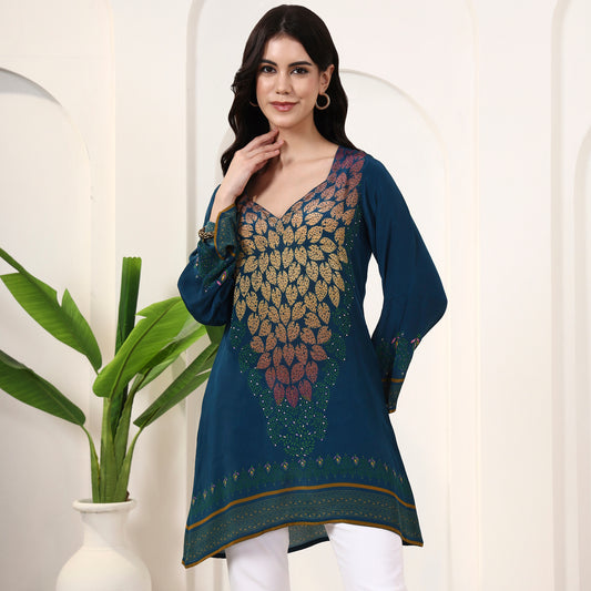 Blue Jewel Print Top for Women – Viscose Crepe | First Resort by Ramola Bachchan