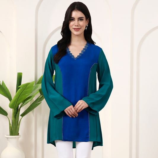 Blue and Green Top for Women – Double Viscose Georgette | First Resort by Ramola Bachchan