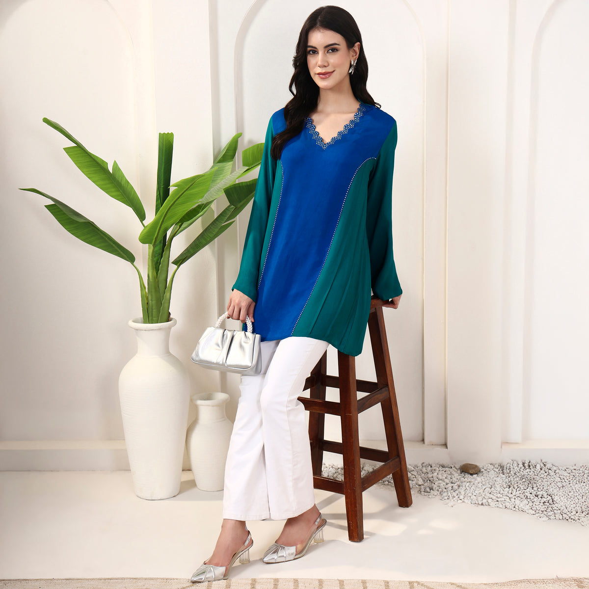 Blue and Green Top for Women – Double Viscose Georgette – Front View | First Resort by Ramola Bachchan