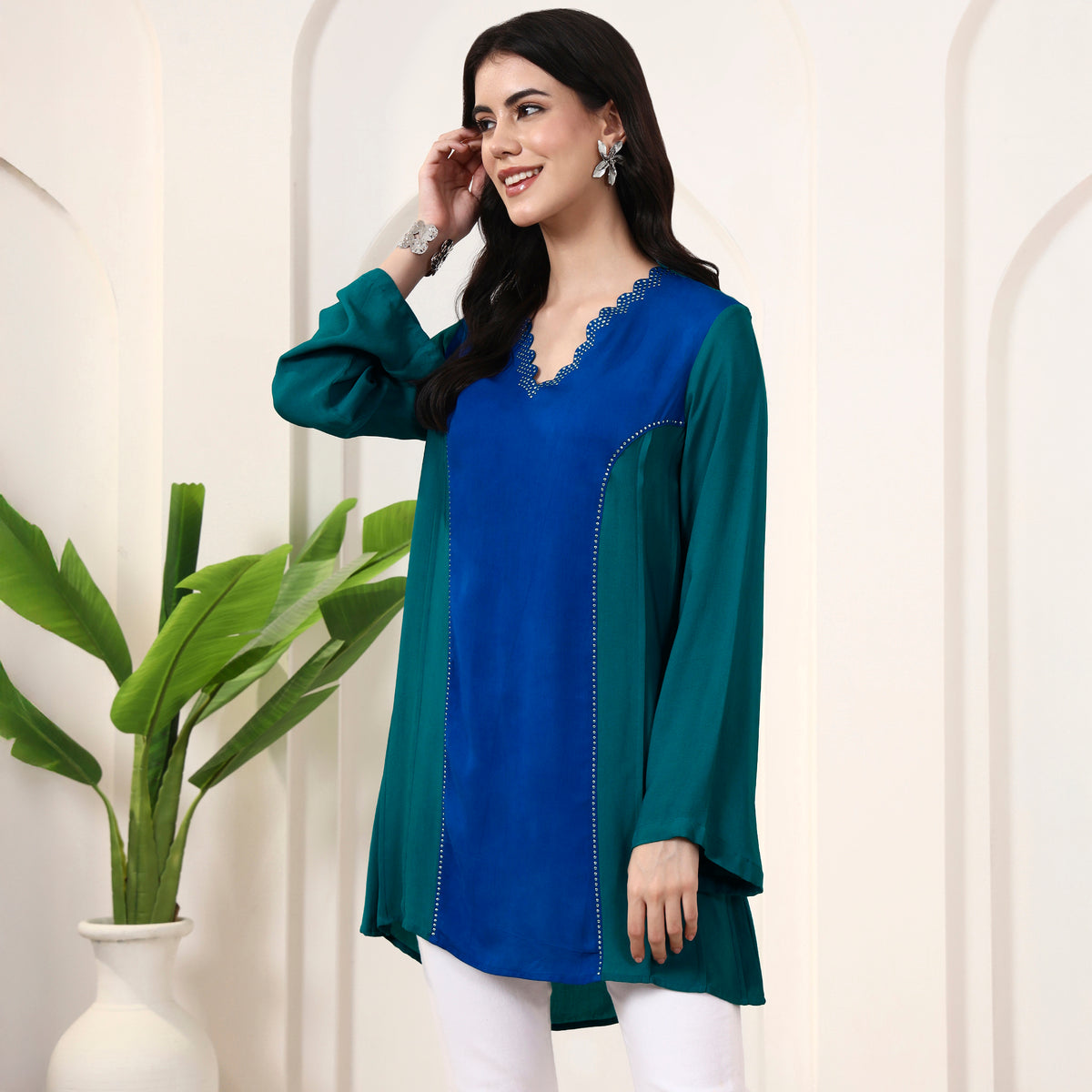 Blue and Green Top for Women – Double Viscose Georgette – Model View | First Resort by Ramola Bachchan