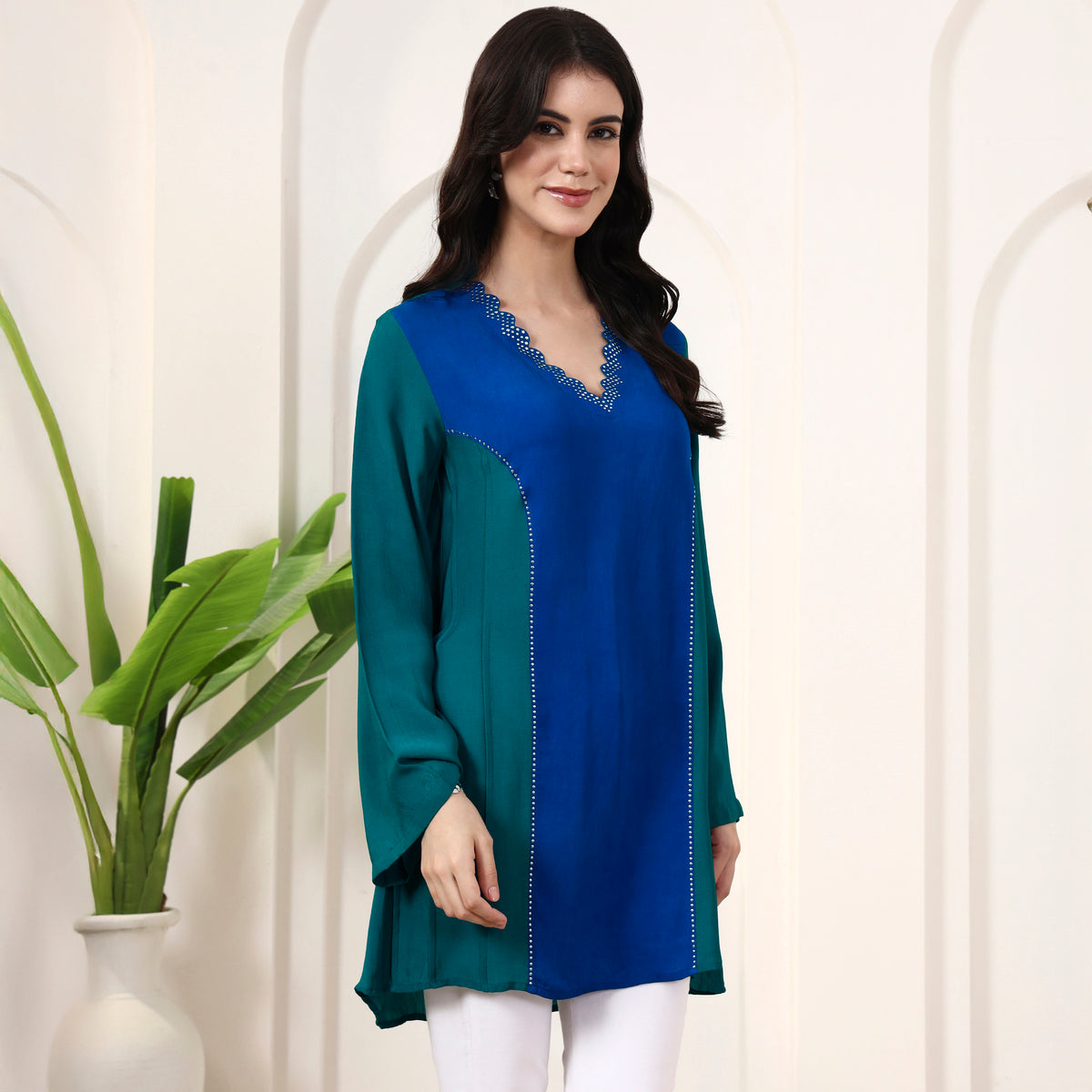 Blue and Green Top for Women – Double Viscose Georgette – Side View | First Resort by Ramola Bachchan