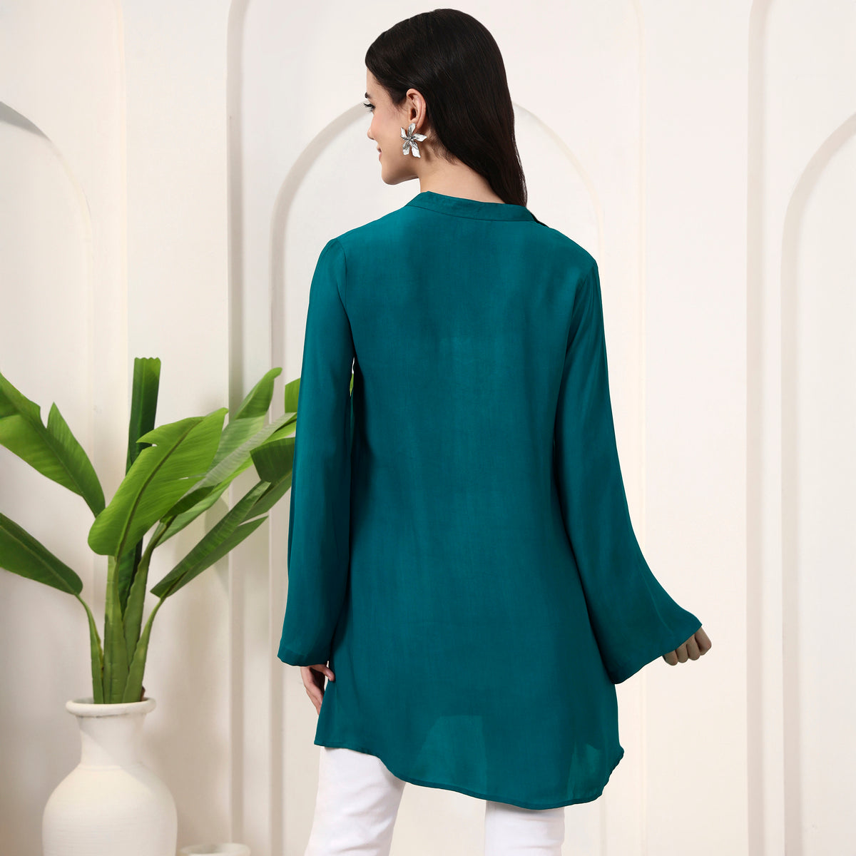 Blue and Green Top for Women – Double Viscose Georgette – Detail View | First Resort by Ramola Bachchan