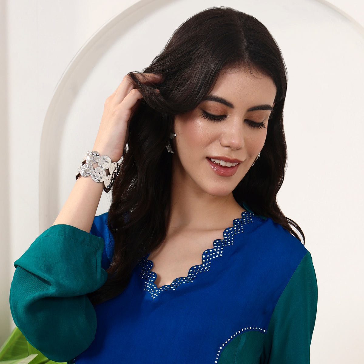 Blue and Green Top for Women – Double Viscose Georgette – Back View | First Resort by Ramola Bachchan