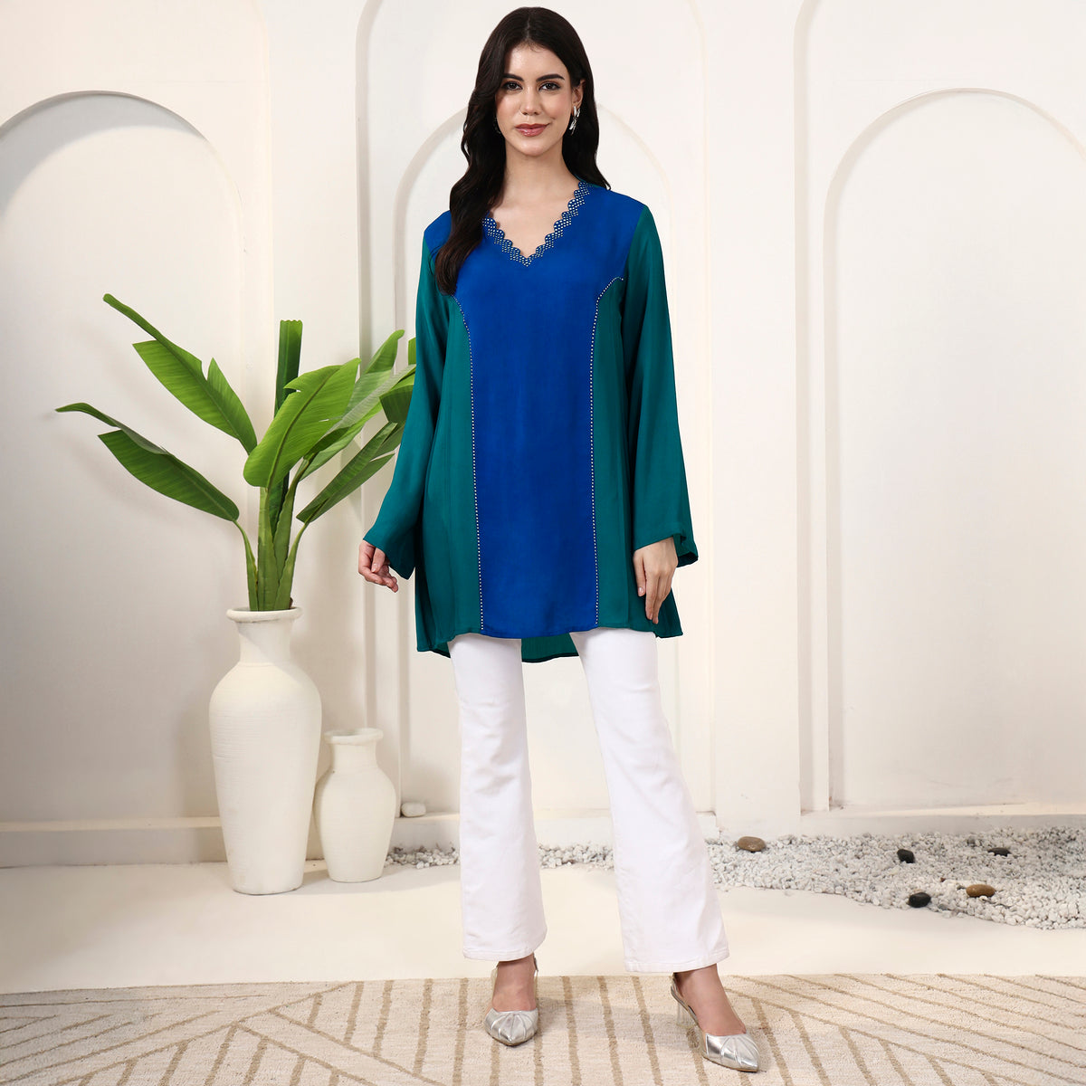 Blue and Green Top for Women – Double Viscose Georgette – Close Up | First Resort by Ramola Bachchan