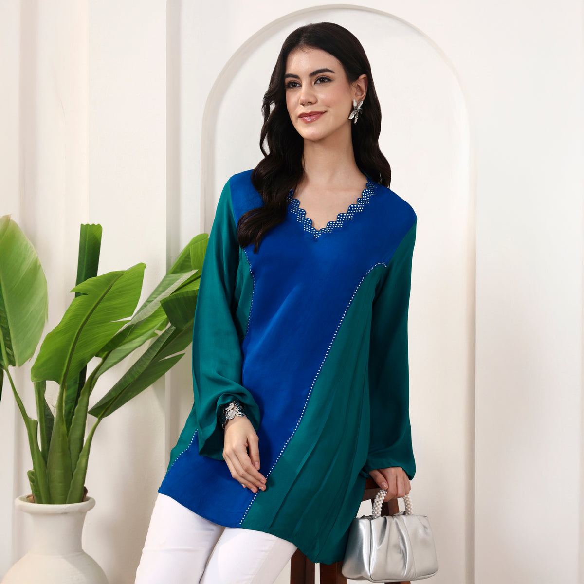 Blue and Green Top for Women – Double Viscose Georgette | First Resort by Ramola Bachchan