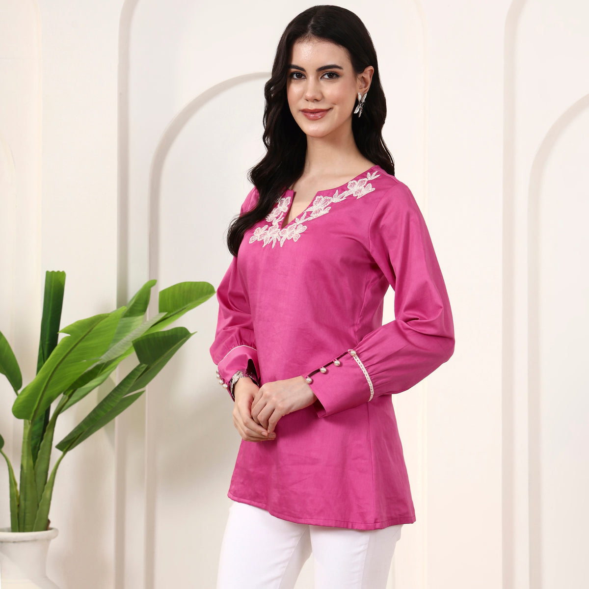 Pink Top for Women – Cotton Satin – Model View | First Resort by Ramola Bachchan