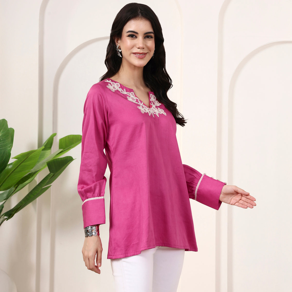 Pink Top for Women – Cotton Satin – Side View | First Resort by Ramola Bachchan