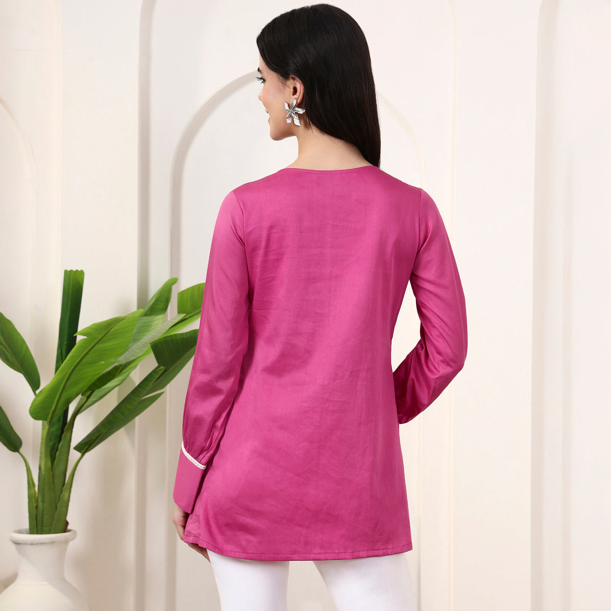 Pink Top for Women – Cotton Satin – Detail View | First Resort by Ramola Bachchan