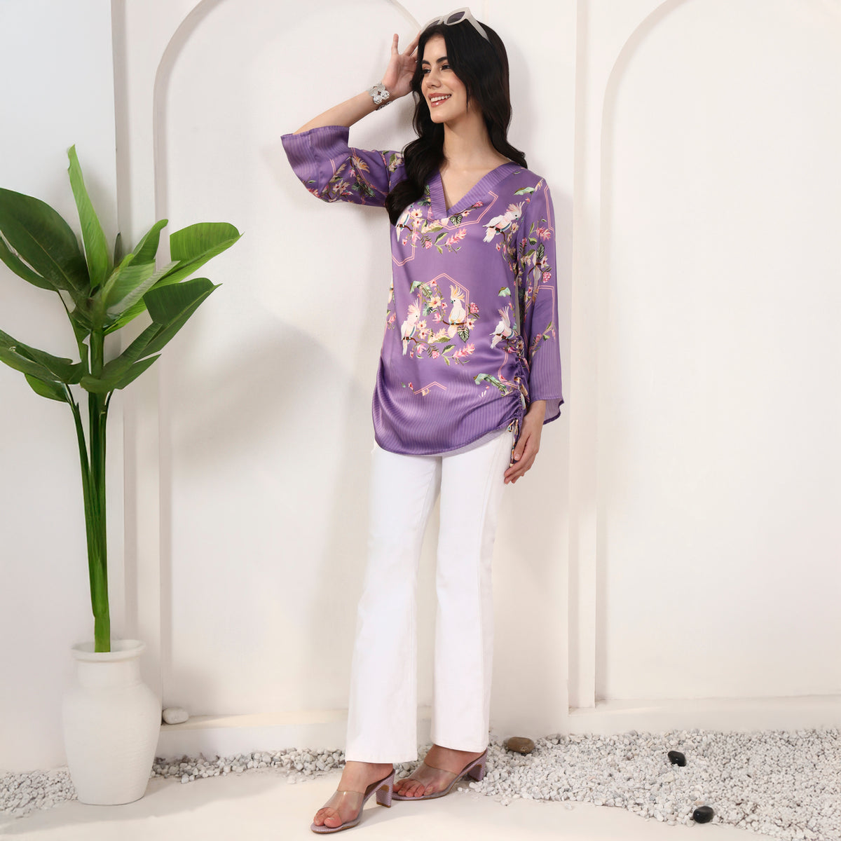 Purple Animal Print Top for Women – Bamberg Modal Satin – Front View | First Resort by Ramola Bachchan