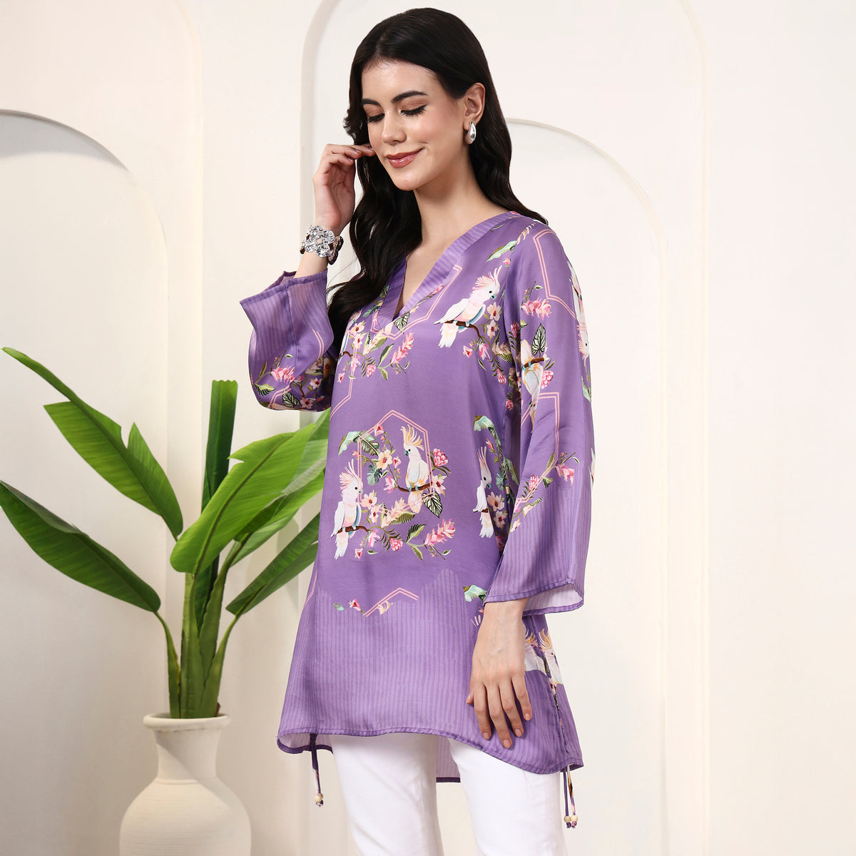 Purple Animal Print Top for Women – Bamberg Modal Satin – Model View | First Resort by Ramola Bachchan
