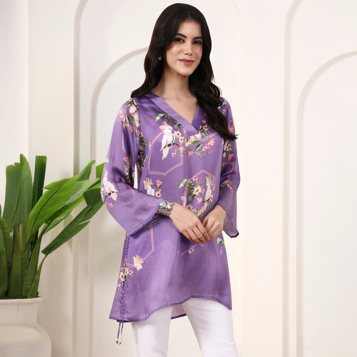 Purple Animal Print Top for Women – Bamberg Modal Satin – Side View | First Resort by Ramola Bachchan