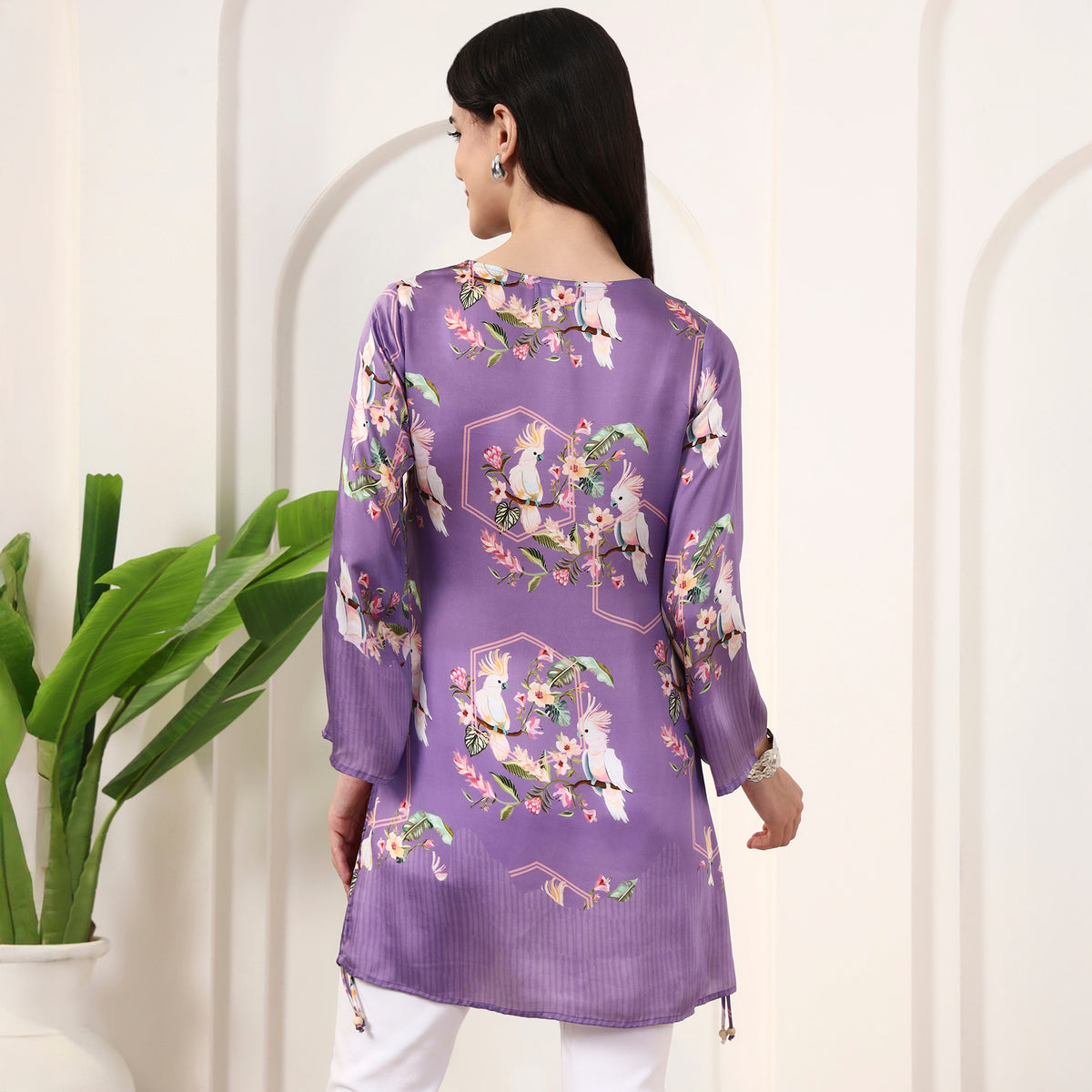 Purple Animal Print Top for Women – Bamberg Modal Satin – Detail View | First Resort by Ramola Bachchan