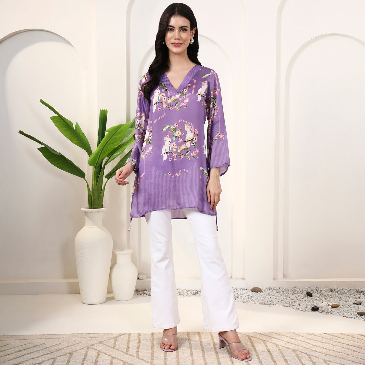 Purple Animal Print Top for Women – Bamberg Modal Satin – Close Up | First Resort by Ramola Bachchan