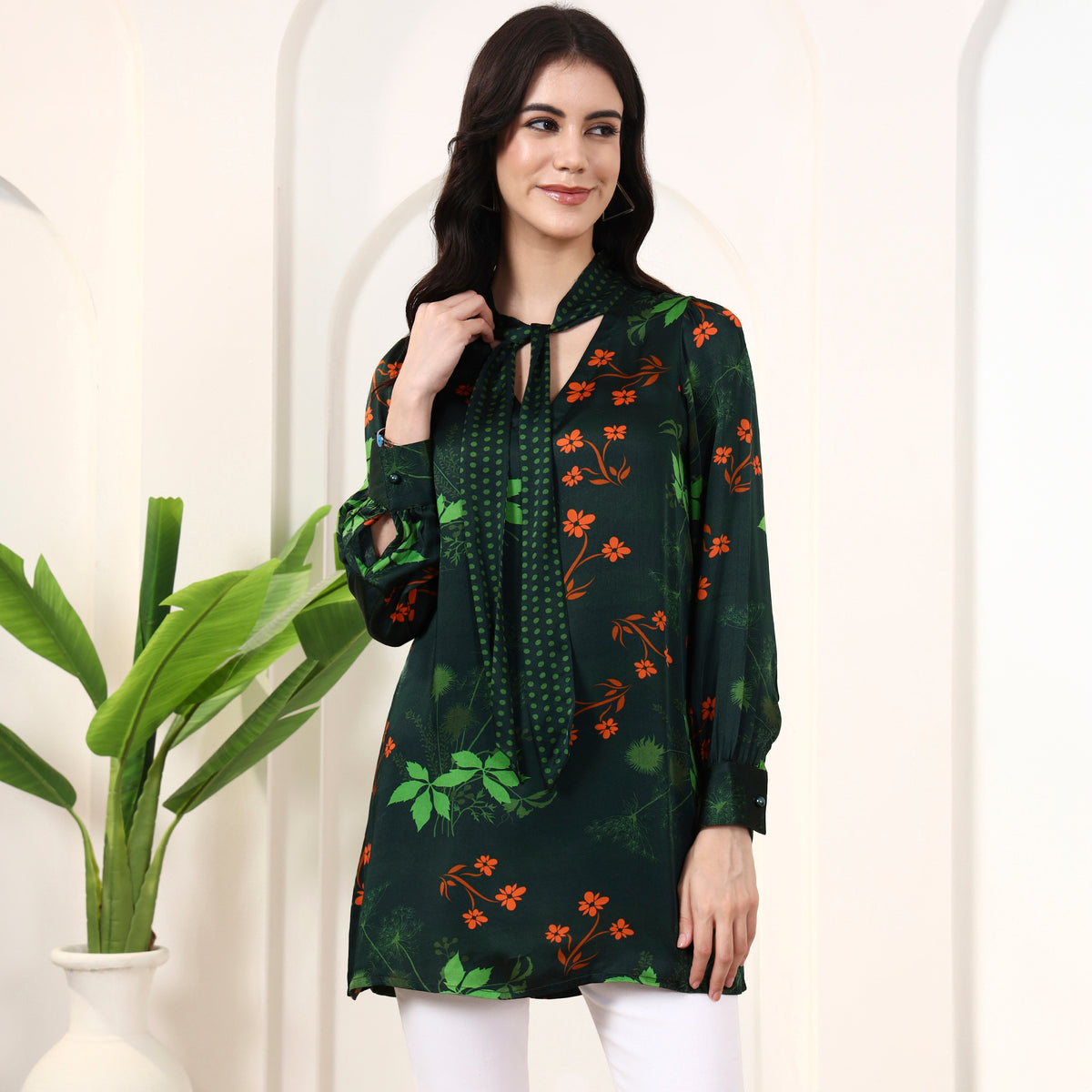 Dark Green Floral Print Top for Women – Bamberg Modal Satin | First Resort by Ramola Bachchan