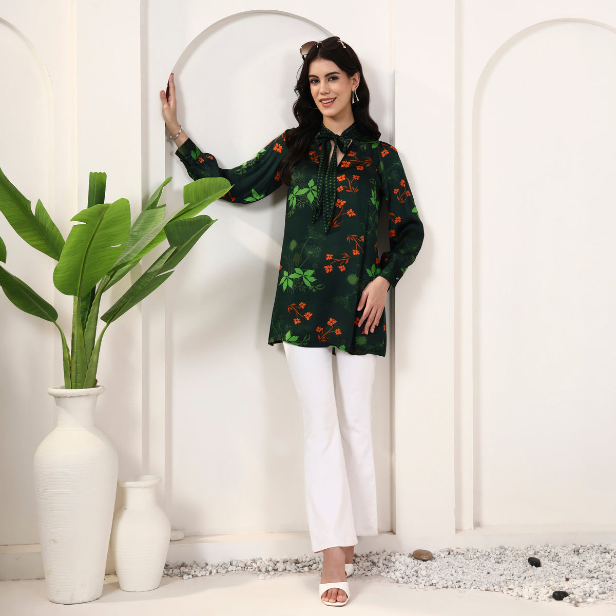 Dark Green Floral Print Top for Women – Bamberg Modal Satin – Front View | First Resort by Ramola Bachchan