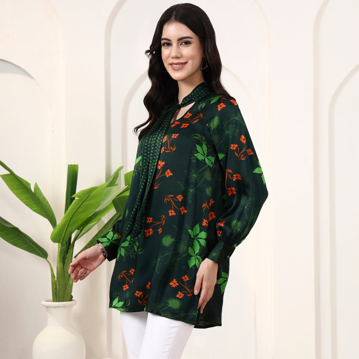 Dark Green Floral Print Top for Women – Bamberg Modal Satin – Model View | First Resort by Ramola Bachchan