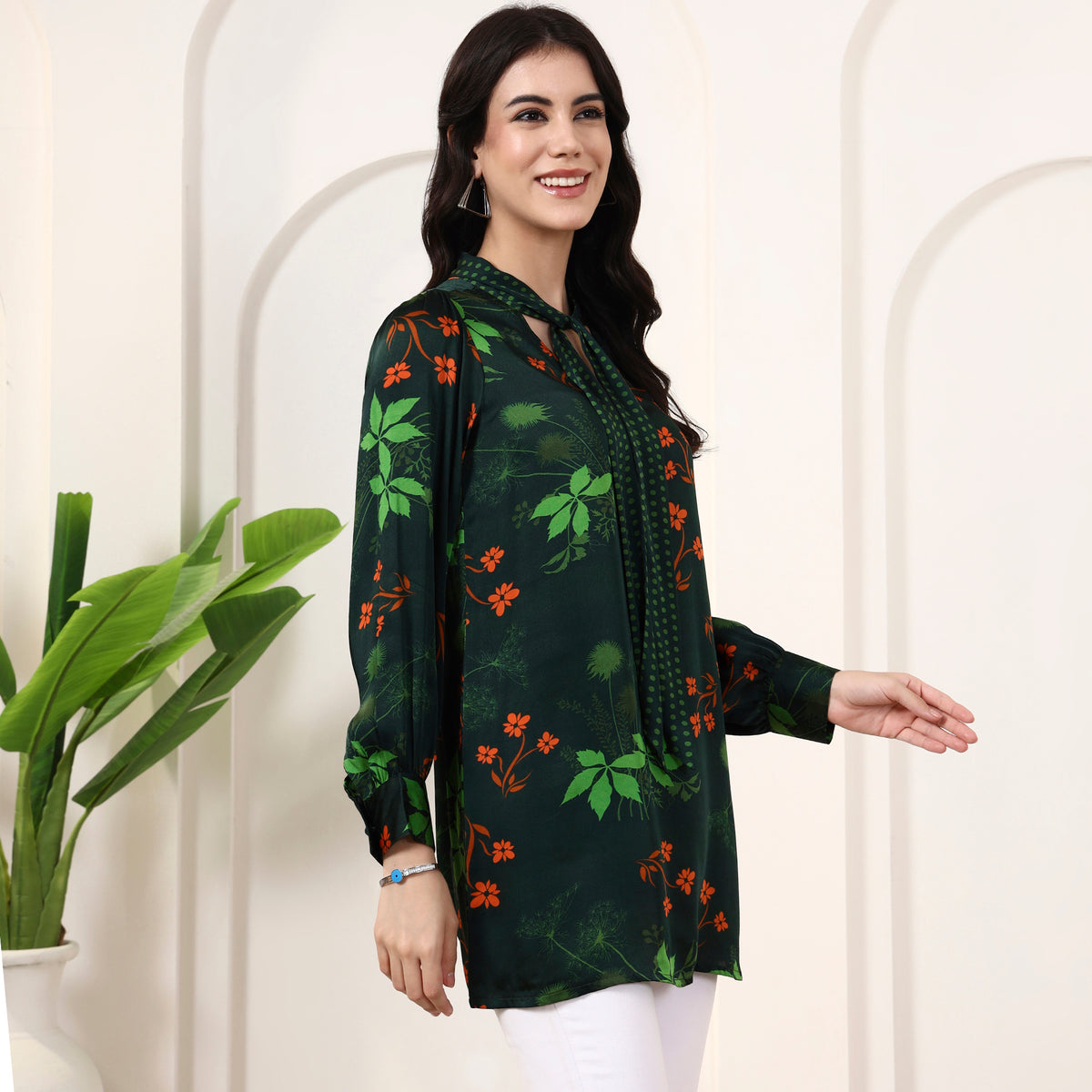 Dark Green Floral Print Top for Women – Bamberg Modal Satin – Side View | First Resort by Ramola Bachchan