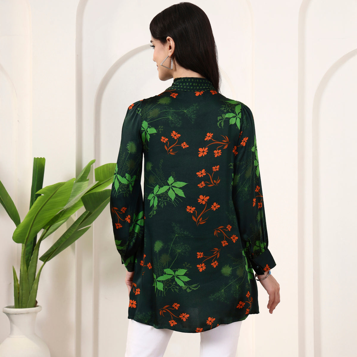 Dark Green Floral Print Top for Women – Bamberg Modal Satin – Detail View | First Resort by Ramola Bachchan