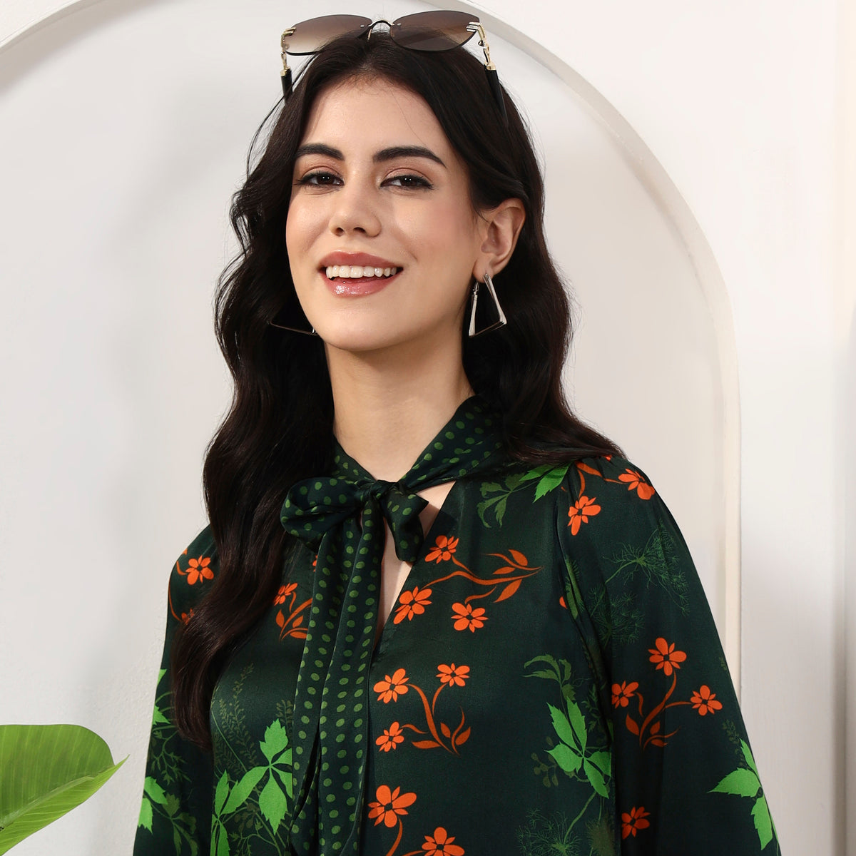Dark Green Floral Print Top for Women – Bamberg Modal Satin – Back View | First Resort by Ramola Bachchan