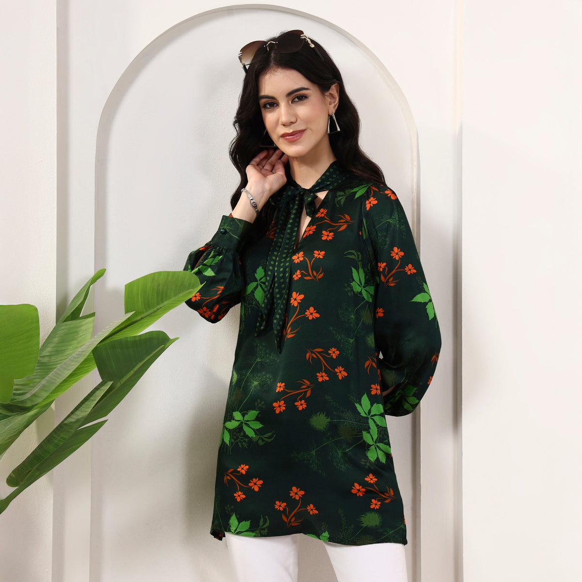 Dark Green Floral Print Top for Women – Bamberg Modal Satin – Close Up | First Resort by Ramola Bachchan