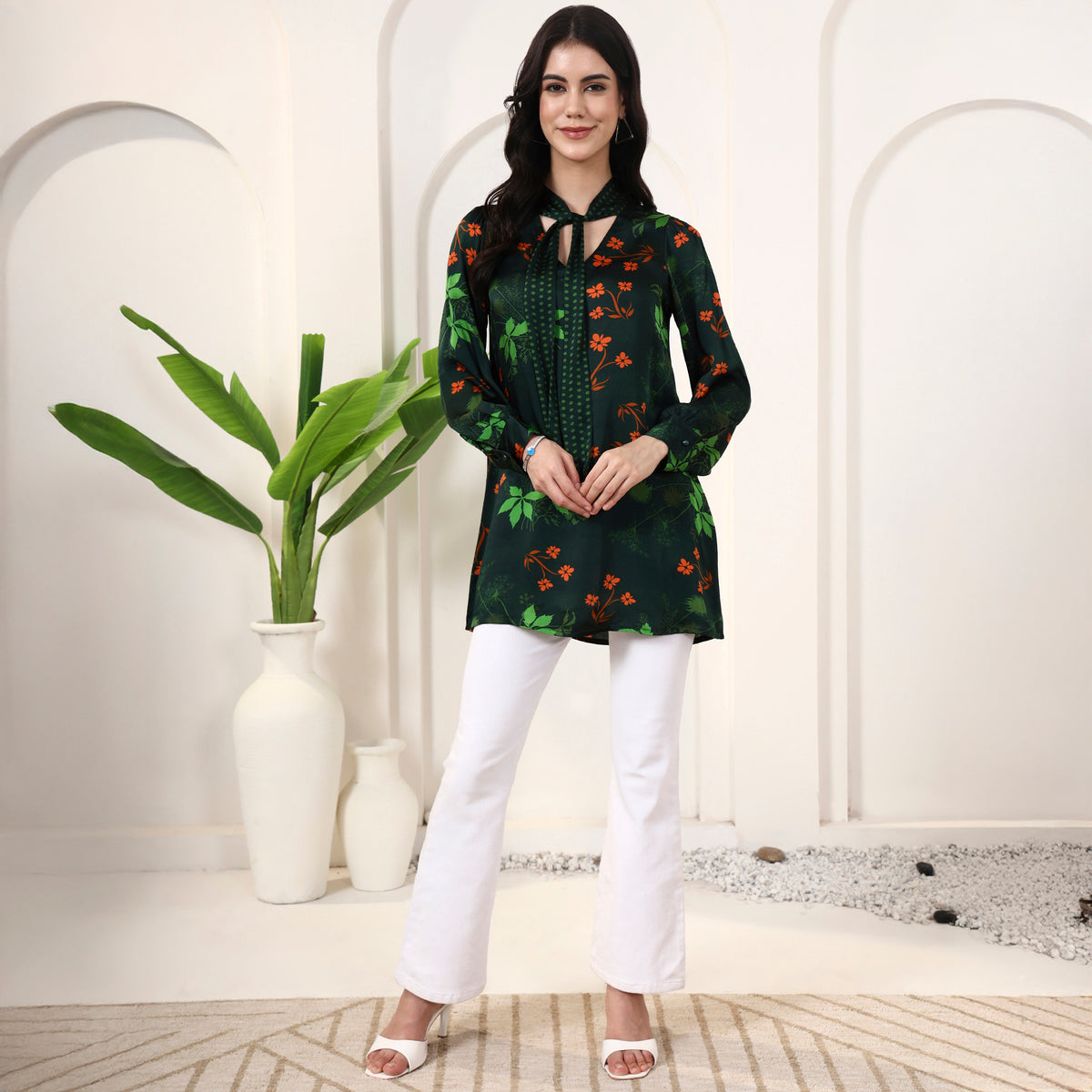 Dark Green Floral Print Top for Women – Bamberg Modal Satin | First Resort by Ramola Bachchan
