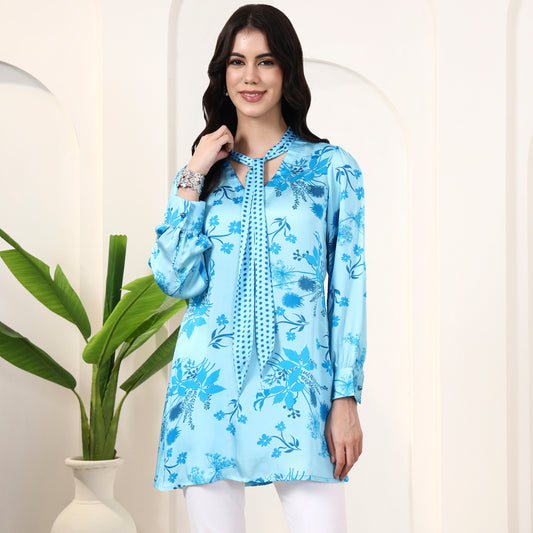 Sky Blue Floral Print Top for Women – Bamberg Modal Satin | First Resort by Ramola Bachchan