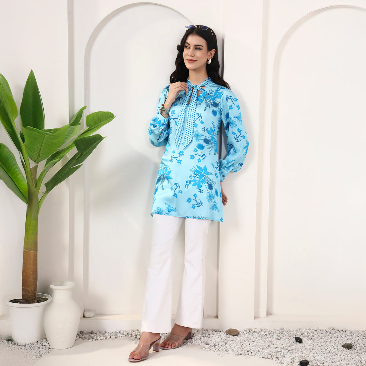 Sky Blue Floral Print Top for Women – Bamberg Modal Satin – Front View | First Resort by Ramola Bachchan