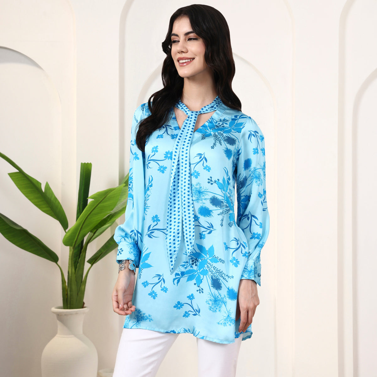 Sky Blue Floral Print Top for Women – Bamberg Modal Satin – Model View | First Resort by Ramola Bachchan