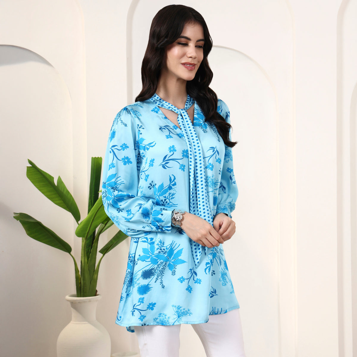 Sky Blue Floral Print Top for Women – Bamberg Modal Satin – Side View | First Resort by Ramola Bachchan