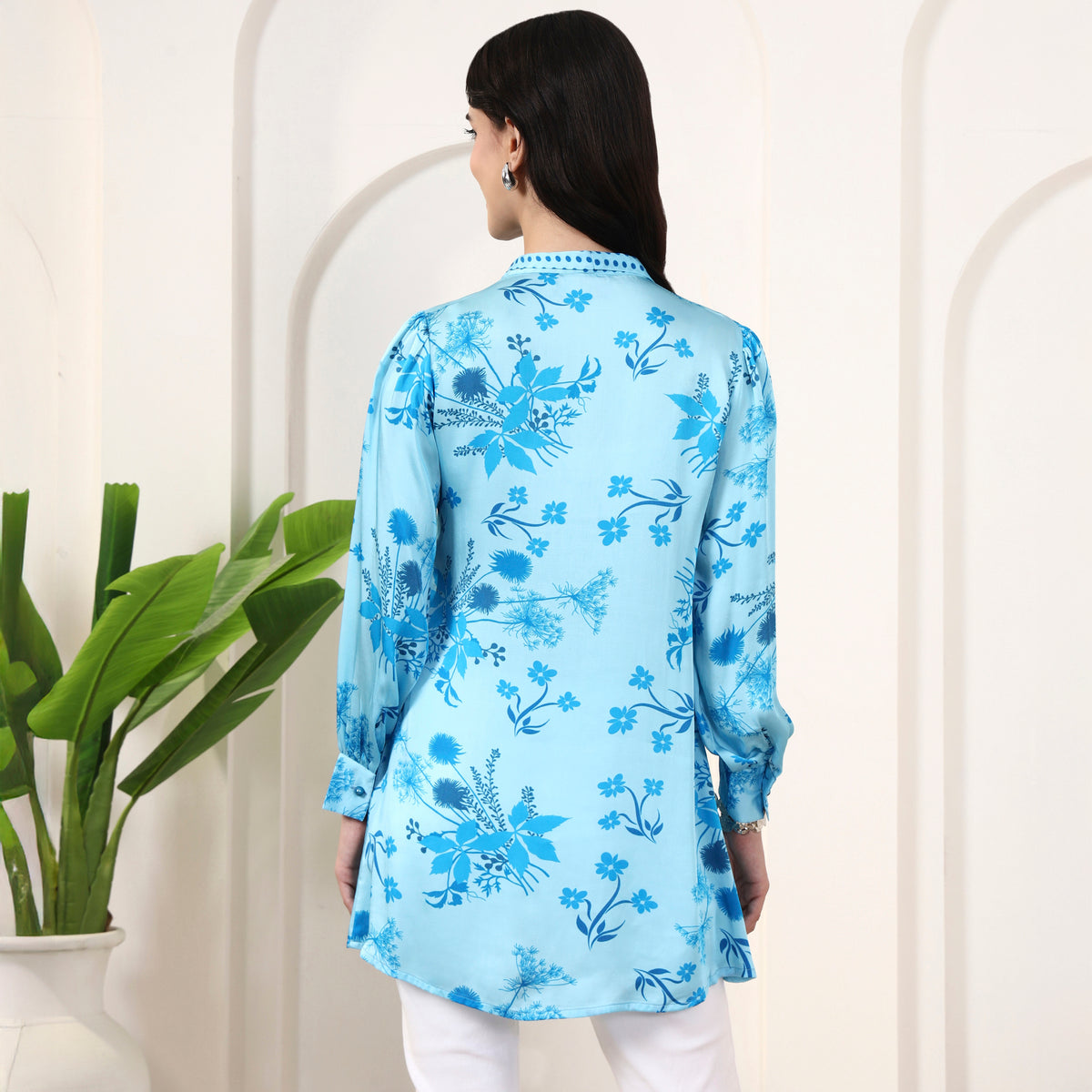 Sky Blue Floral Print Top for Women – Bamberg Modal Satin – Detail View | First Resort by Ramola Bachchan