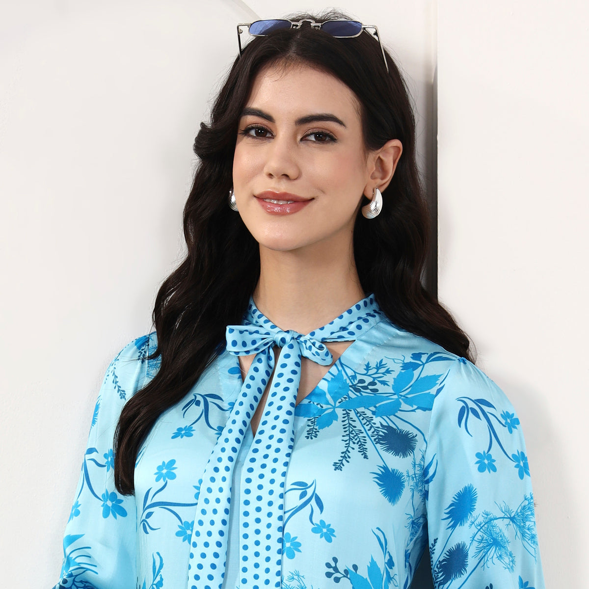Sky Blue Floral Print Top for Women – Bamberg Modal Satin – Back View | First Resort by Ramola Bachchan