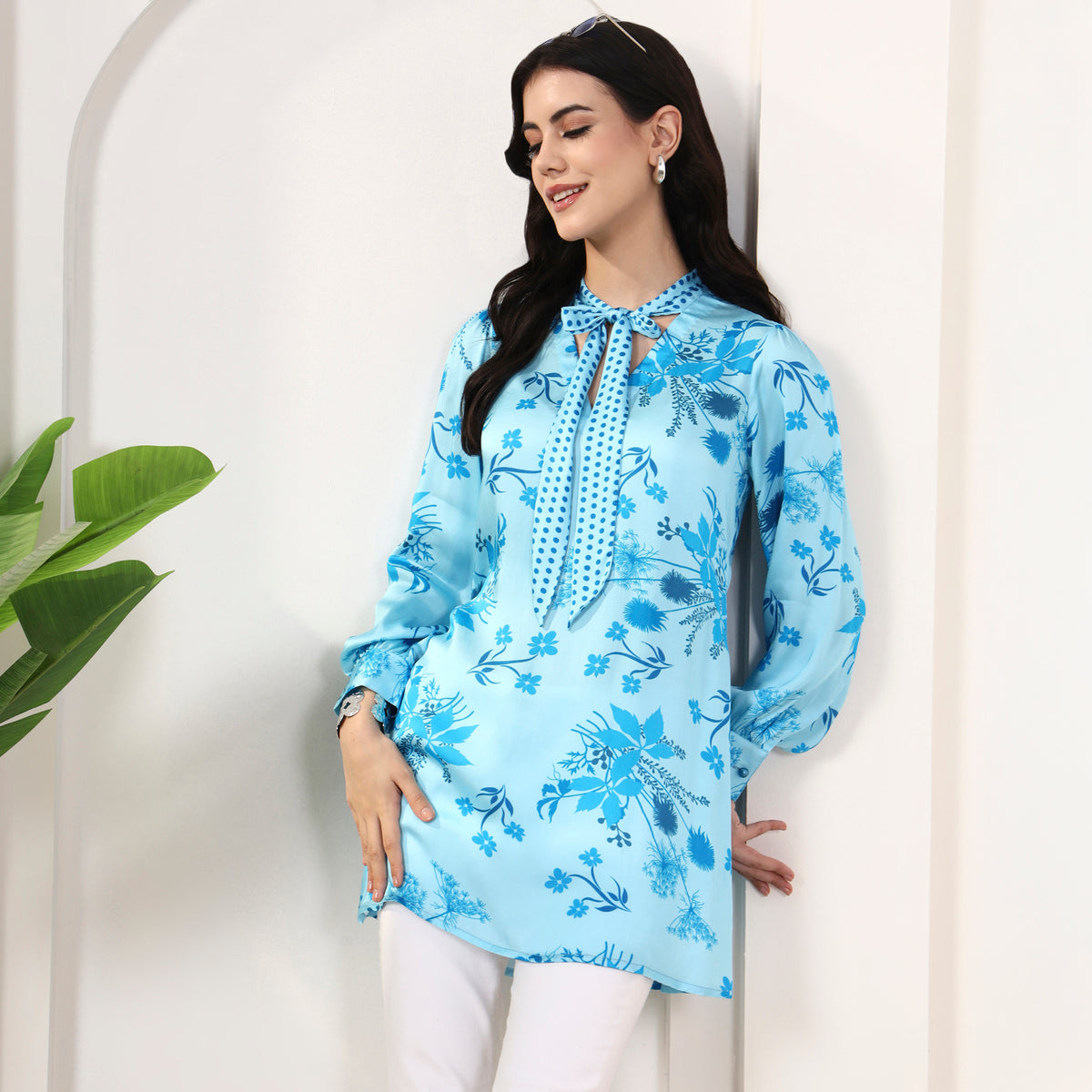 Sky Blue Floral Print Top for Women – Bamberg Modal Satin – Close Up | First Resort by Ramola Bachchan