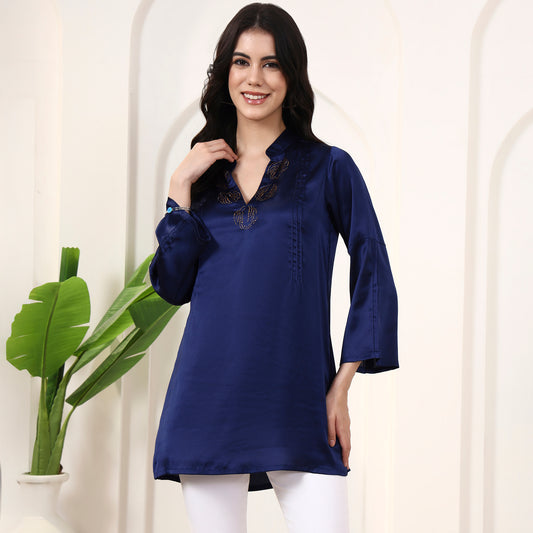 Navy Blue Top for Women – Polyester Satin | First Resort by Ramola Bachchan