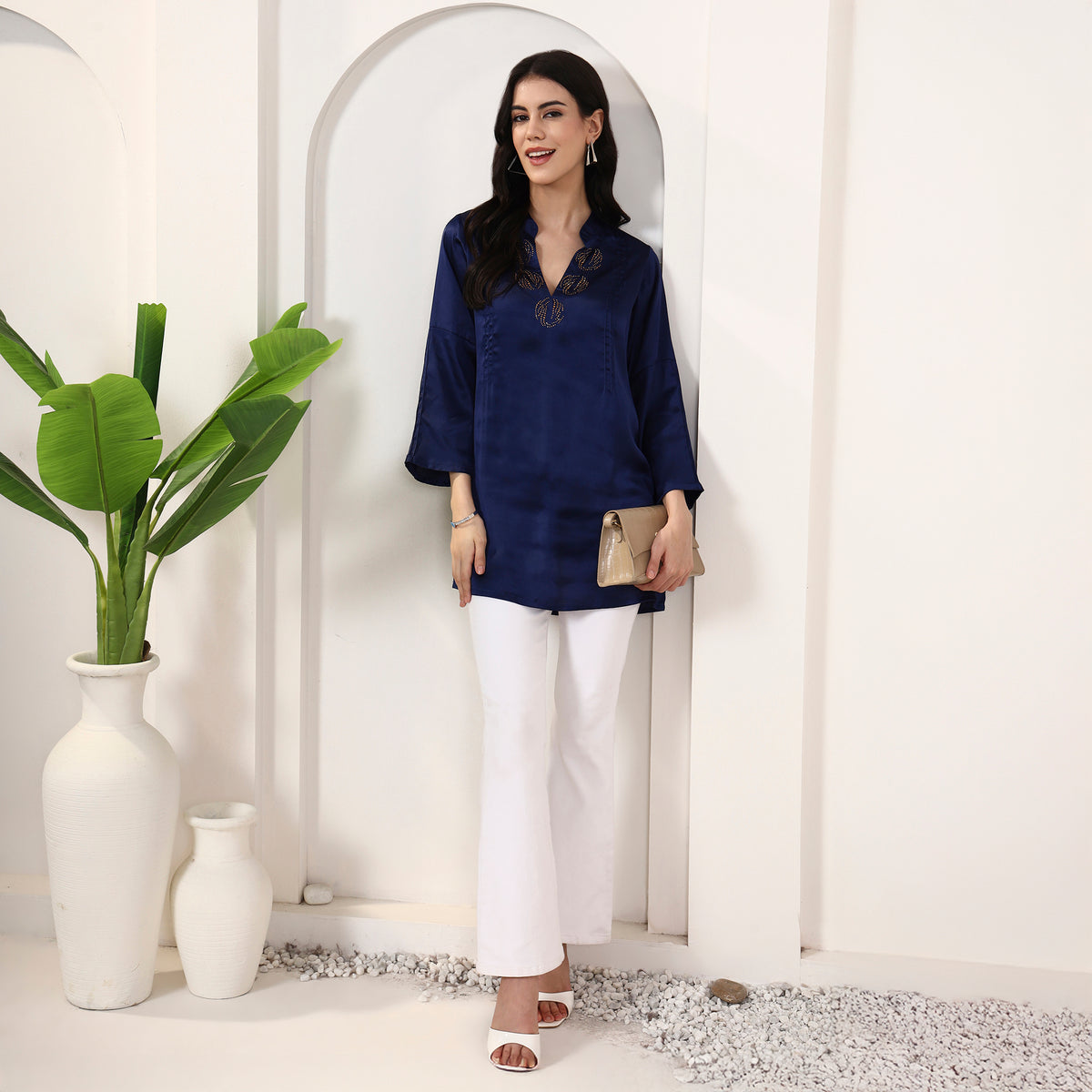 Navy Blue Top for Women – Polyester Satin – Front View | First Resort by Ramola Bachchan