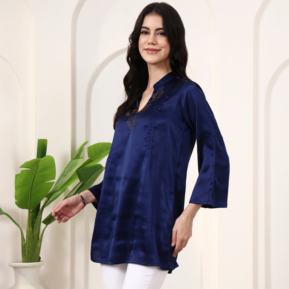 Navy Blue Top for Women – Polyester Satin – Model View | First Resort by Ramola Bachchan