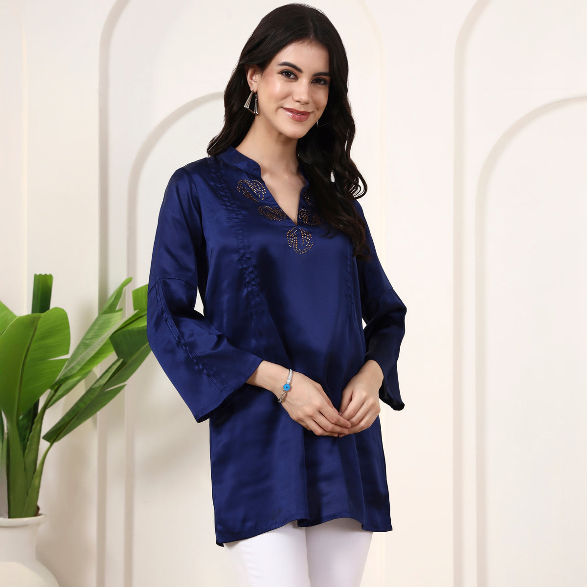 Navy Blue Top for Women – Polyester Satin – Side View | First Resort by Ramola Bachchan