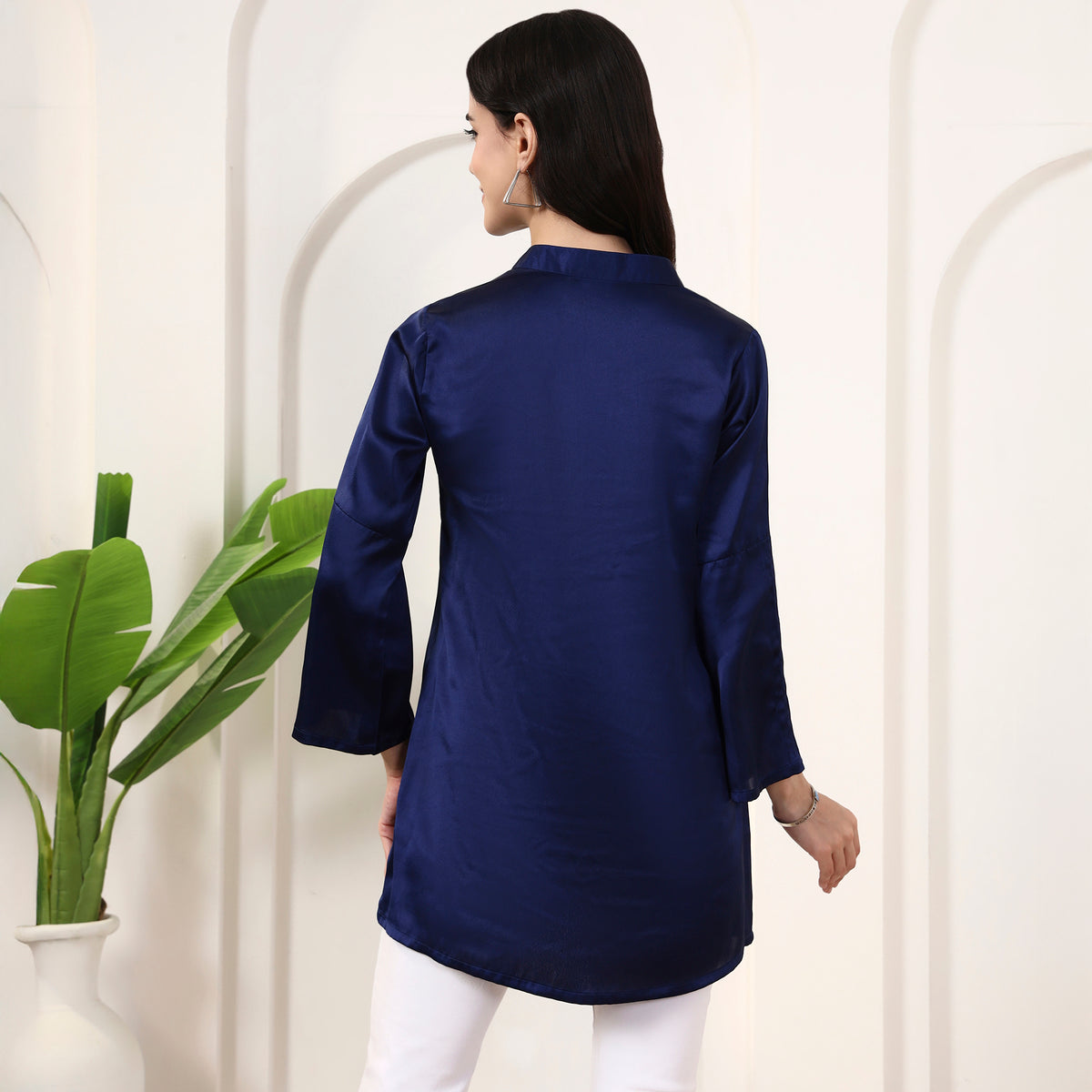 Navy Blue Top for Women – Polyester Satin – Detail View | First Resort by Ramola Bachchan