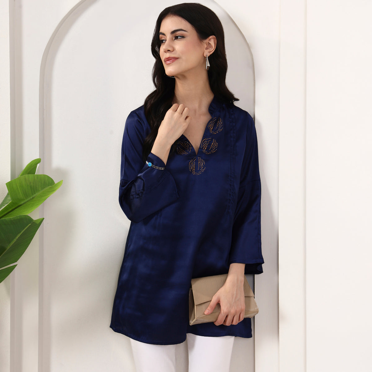 Navy Blue Top for Women – Polyester Satin – Back View | First Resort by Ramola Bachchan