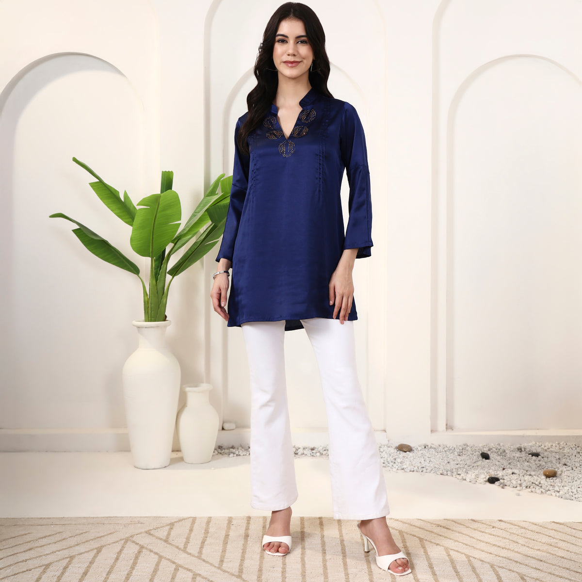 Navy Blue Top for Women – Polyester Satin – Close Up | First Resort by Ramola Bachchan