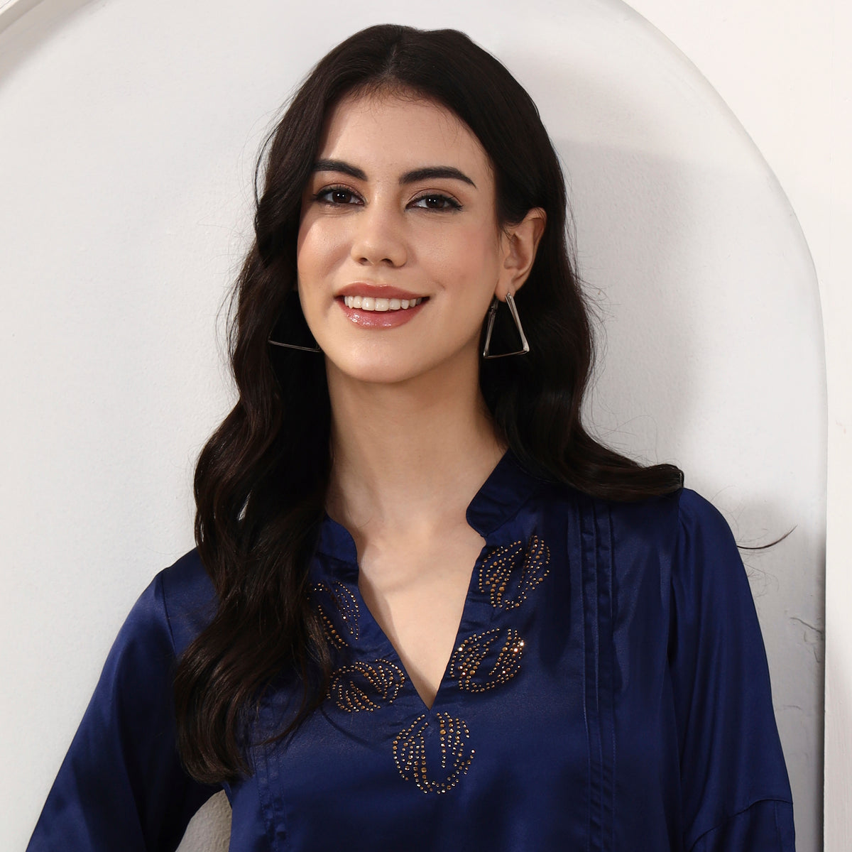 Navy Blue Top for Women – Polyester Satin | First Resort by Ramola Bachchan