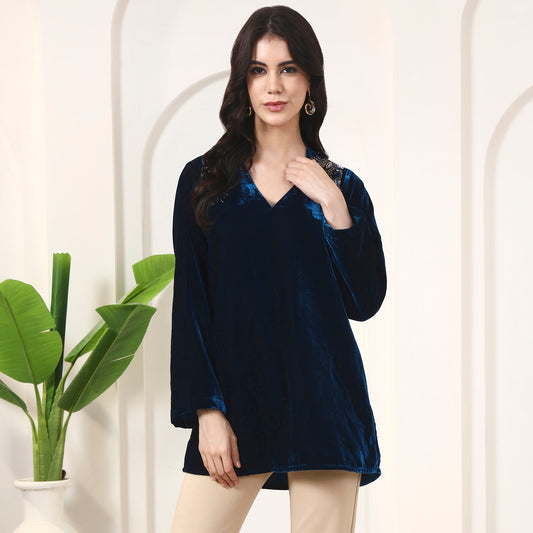 Teal Blue Top for Women – Micro Velvet | First Resort by Ramola Bachchan