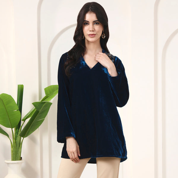 Teal Blue Top for Women – Micro Velvet | First Resort by Ramola Bachchan