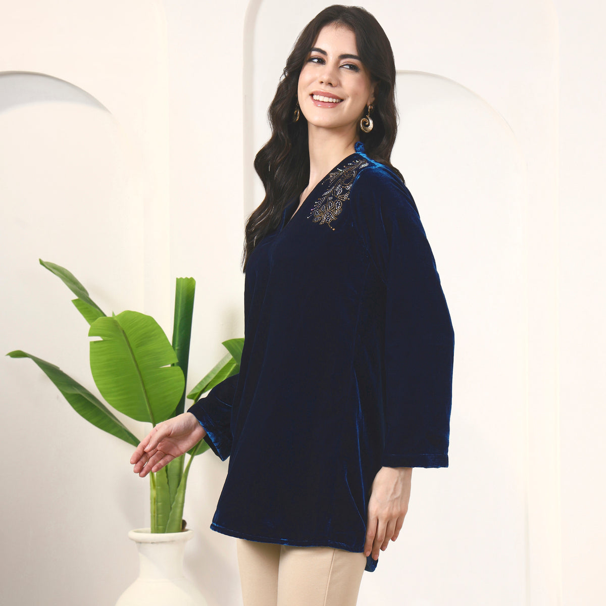 Teal Blue Top for Women – Micro Velvet – Model View | First Resort by Ramola Bachchan