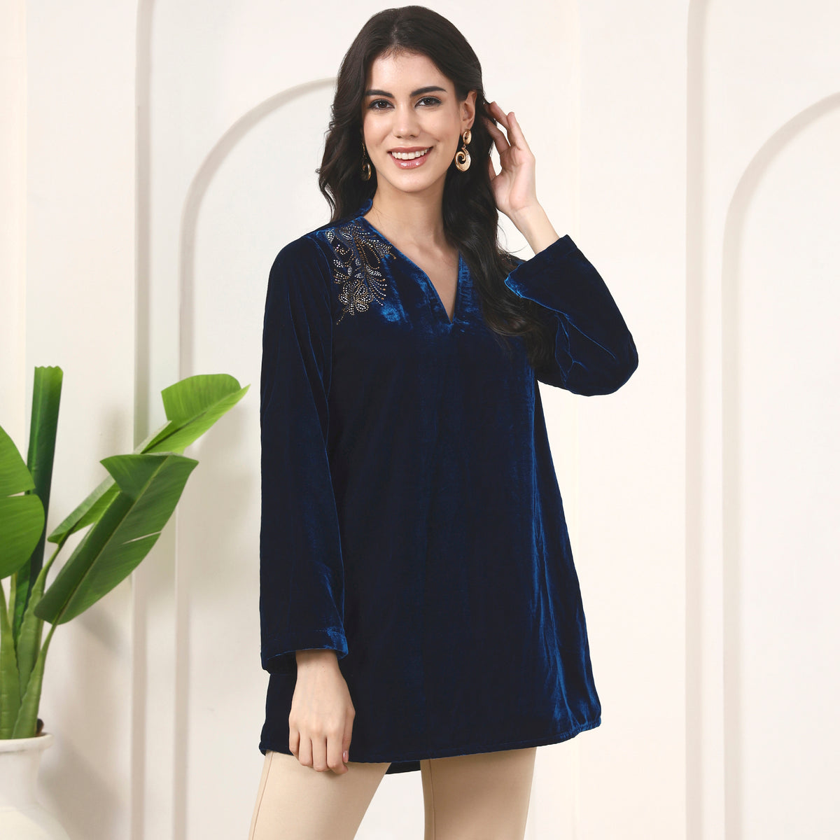Teal Blue Top for Women – Micro Velvet – Side View | First Resort by Ramola Bachchan