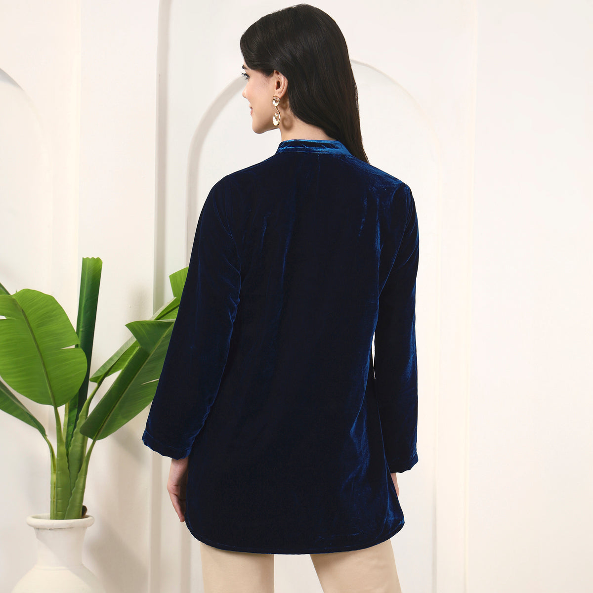 Teal Blue Top for Women – Micro Velvet – Detail View | First Resort by Ramola Bachchan