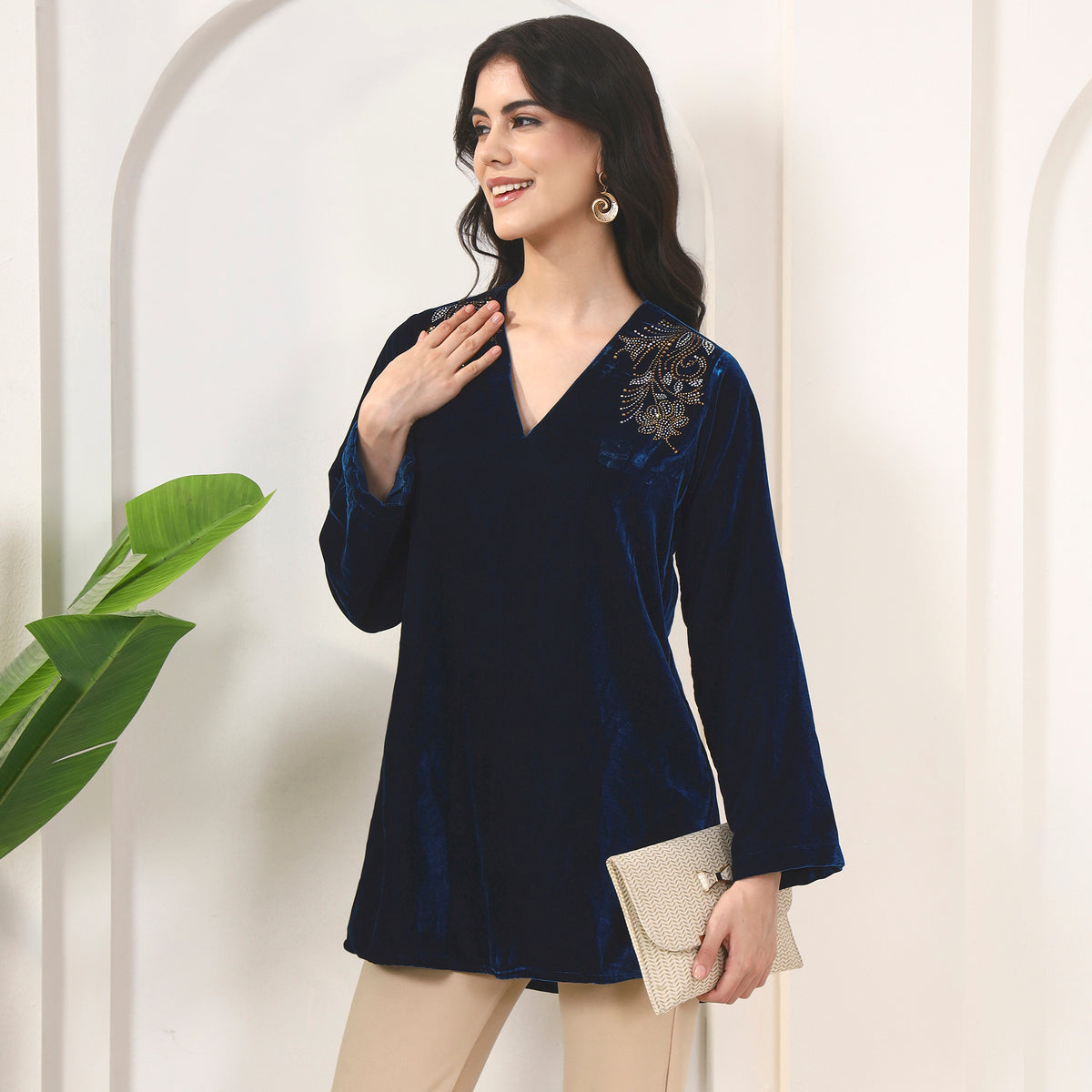 Teal Blue Top for Women – Micro Velvet – Back View | First Resort by Ramola Bachchan