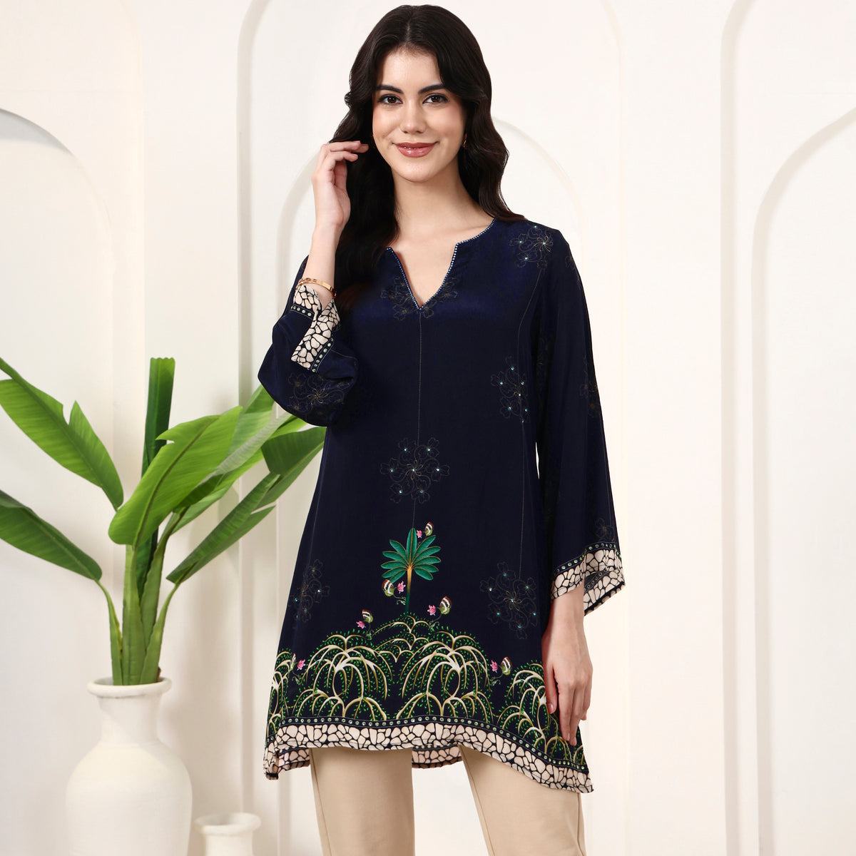 Blue Floral Print Top for Women – Viscose Crepe | First Resort by Ramola Bachchan