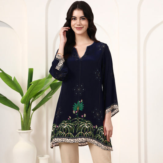 Blue Floral Print Top for Women – Viscose Crepe | First Resort by Ramola Bachchan